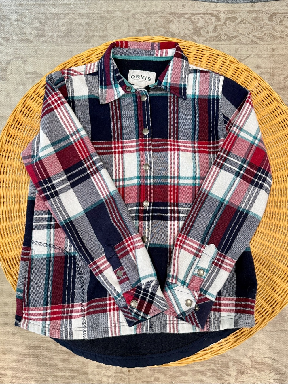 Orvis Fleece Lined Womens M Flannel Shirt Jacket Shacket Snap Button Blue Plaid